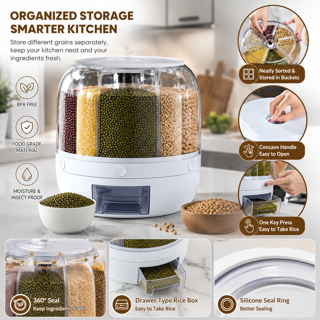6-Grid Rotating Food Dispenser Storage Container